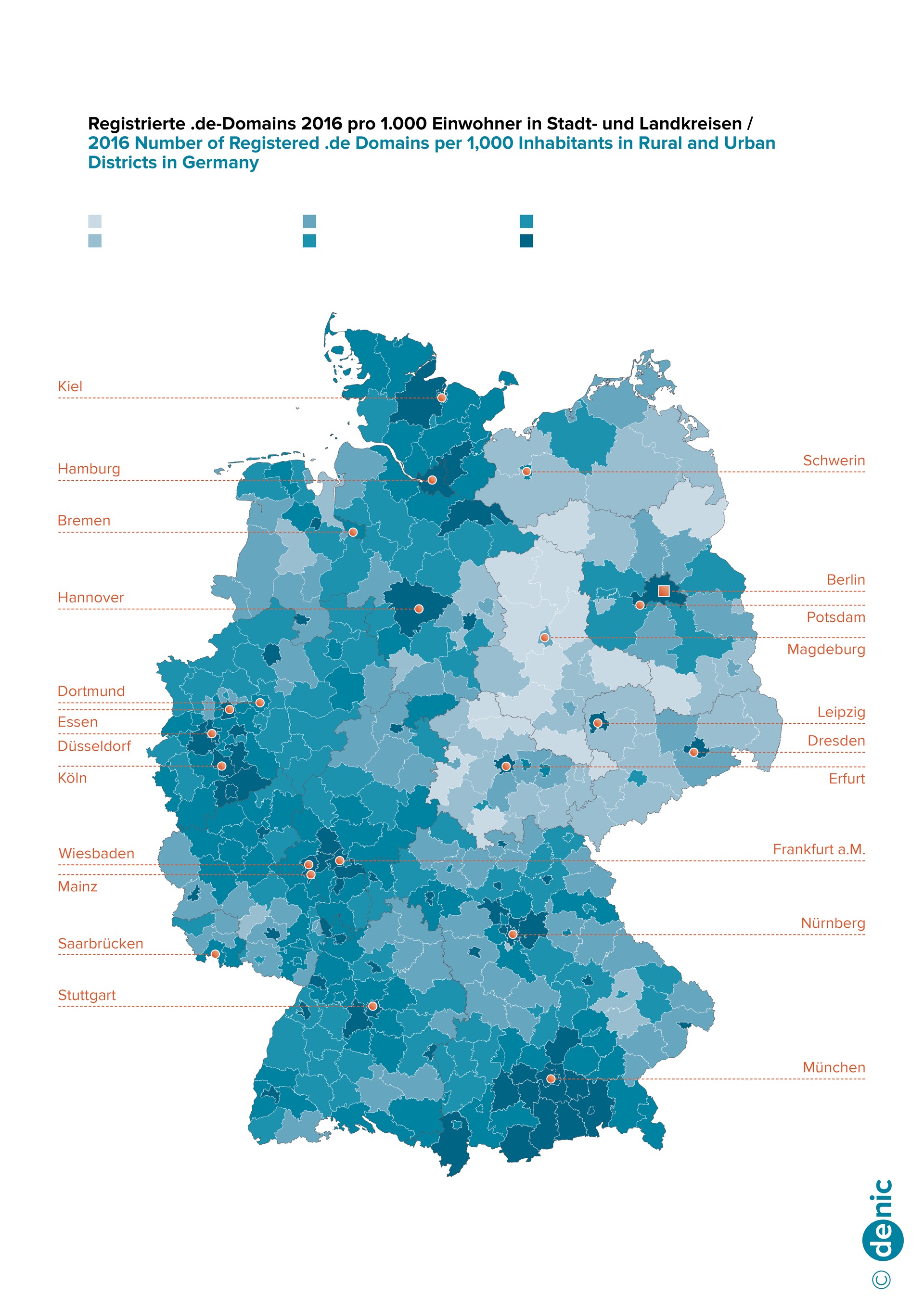 Number of Registered .de Domains per 1,000 Inhabitants in Rural and Urban District in Germany 2016