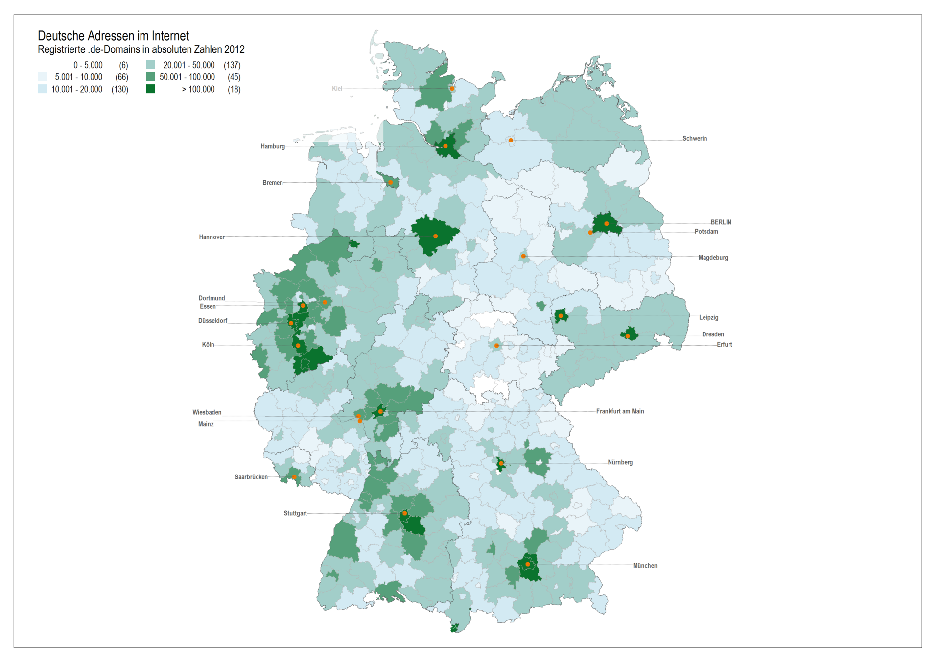 Absolute Number of .de Domains in Cities and Districts in Germany in 2012