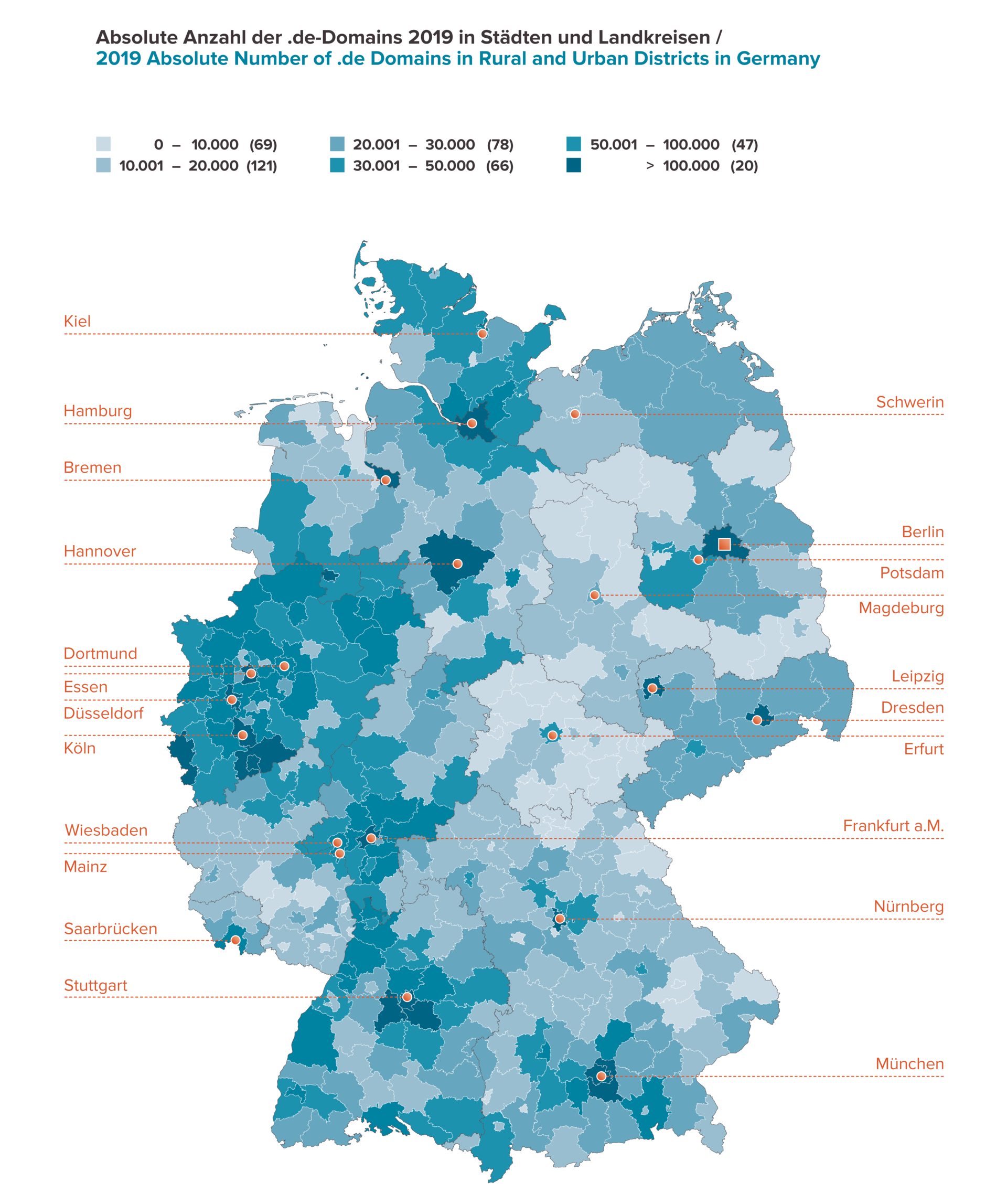 Absolute Number of .de Domains in Cities and Districts in Germany 2019