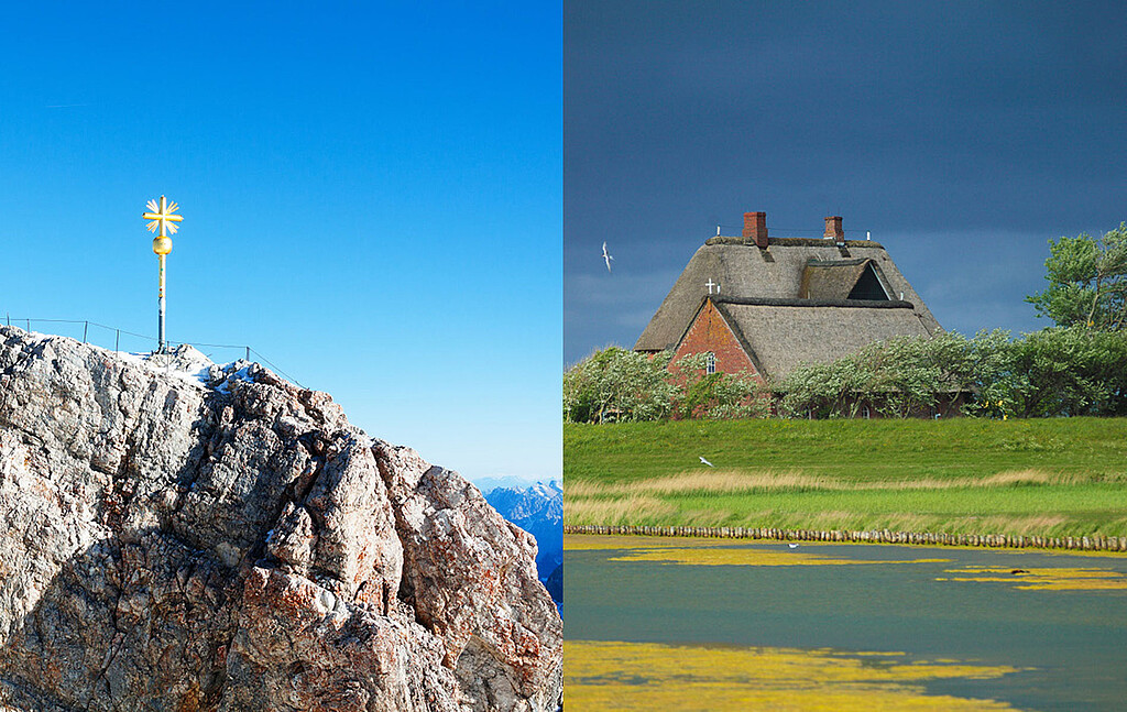 Bildcollage Zugspitze und Haus auf Hallig