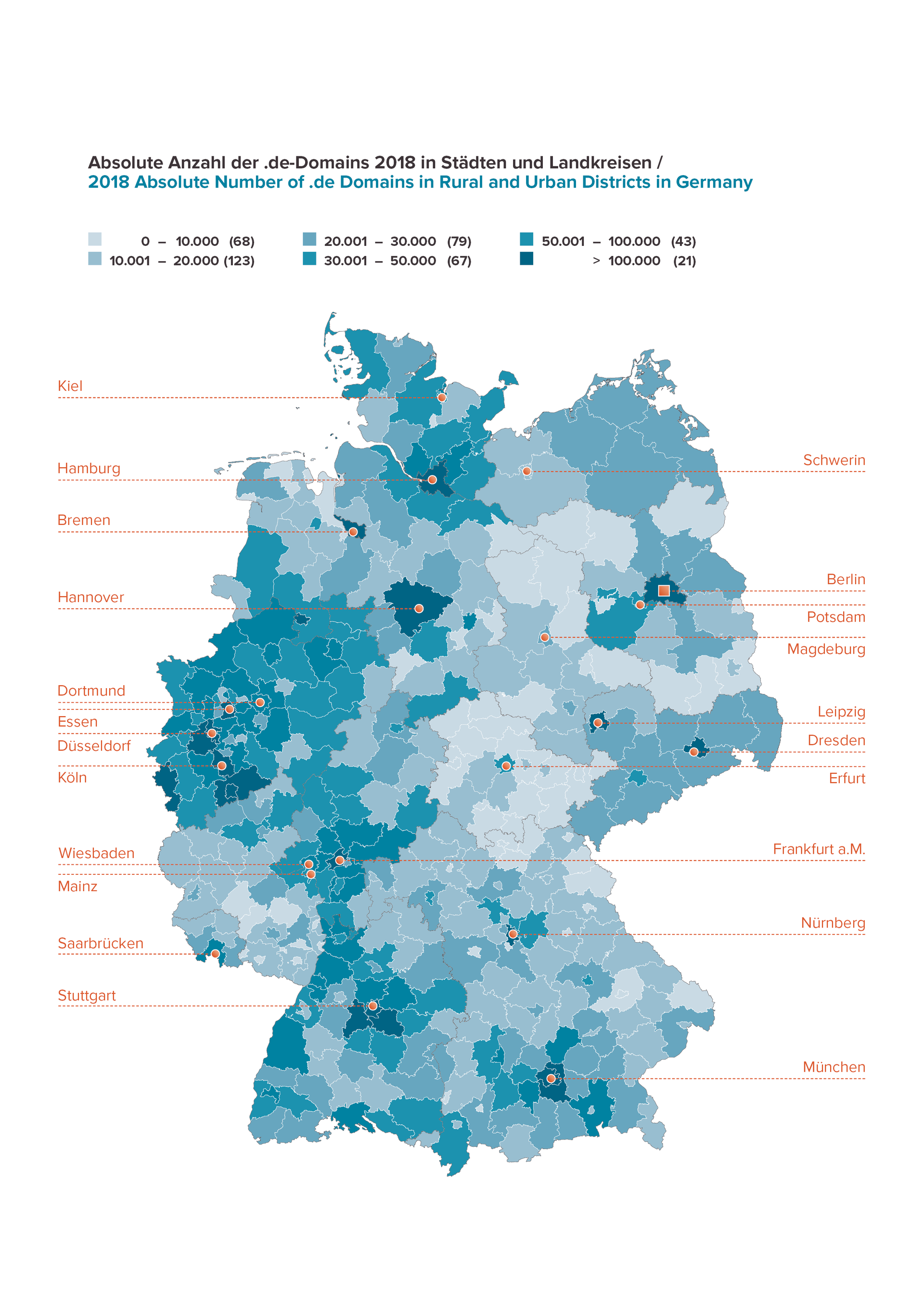 Absolute Number of .de Domains in Cities and Districts in Germany 2018