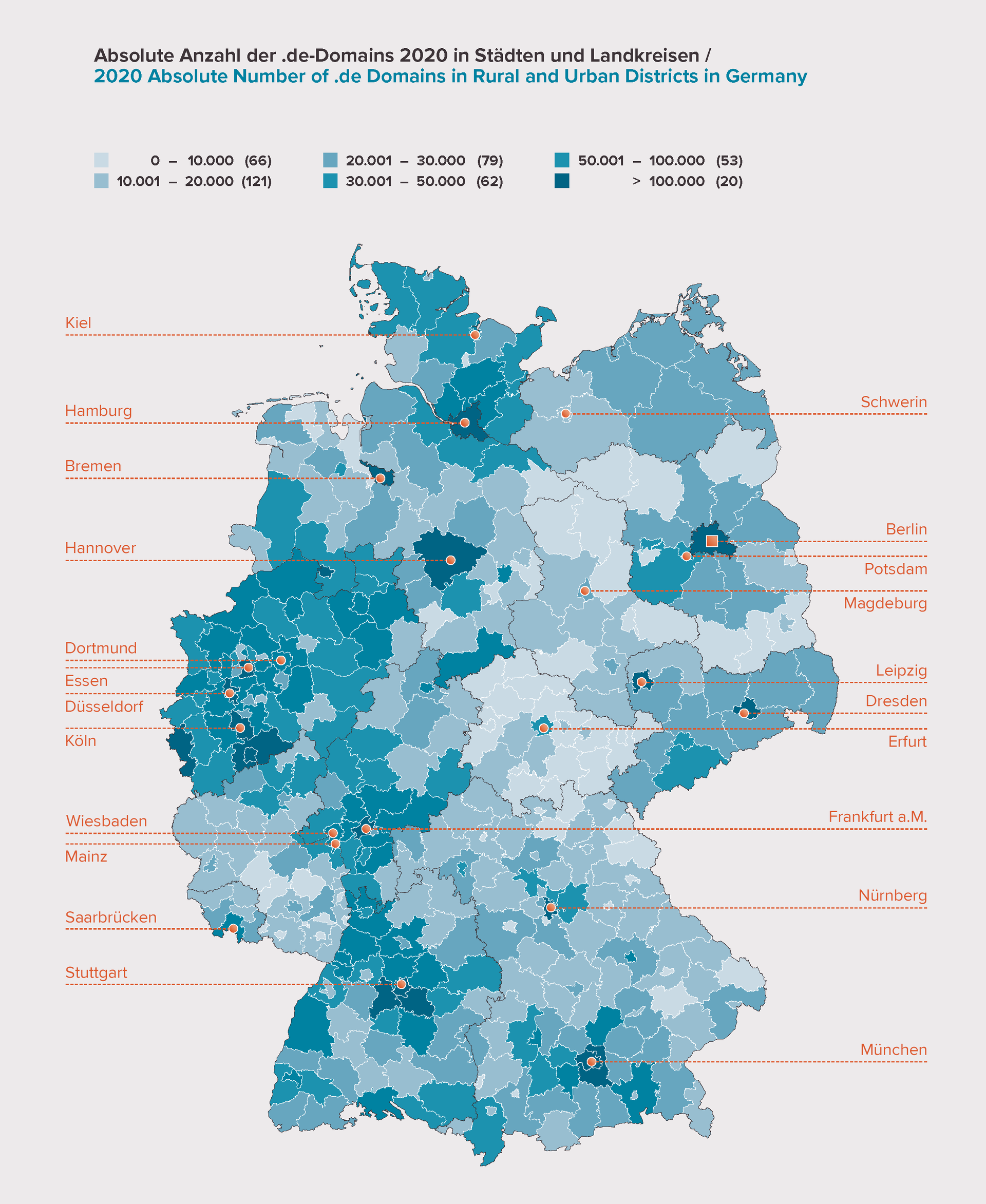 Absolute Number of .de Domains in Cities and Districts in Germany 2020