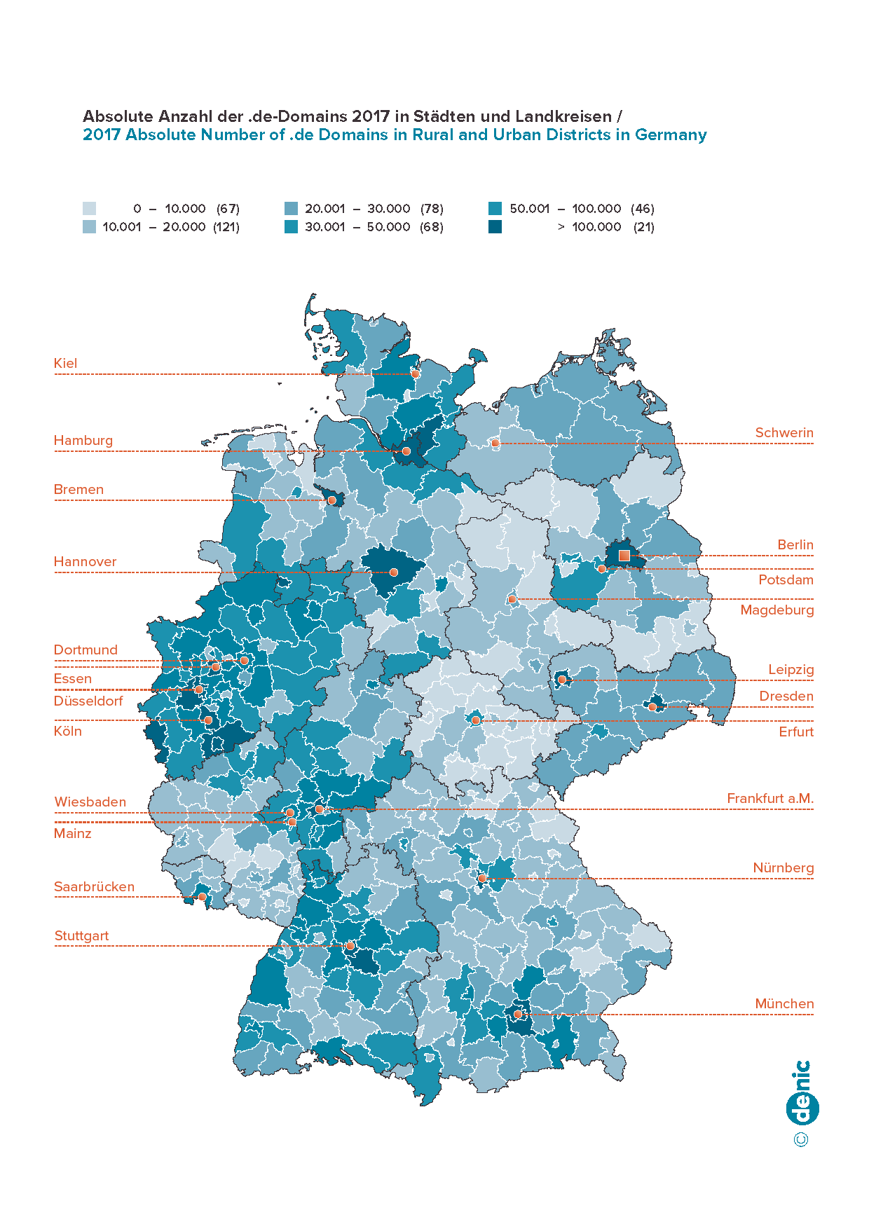 Absolute Number of .de Domains in Cities and Districts in Germany 2017