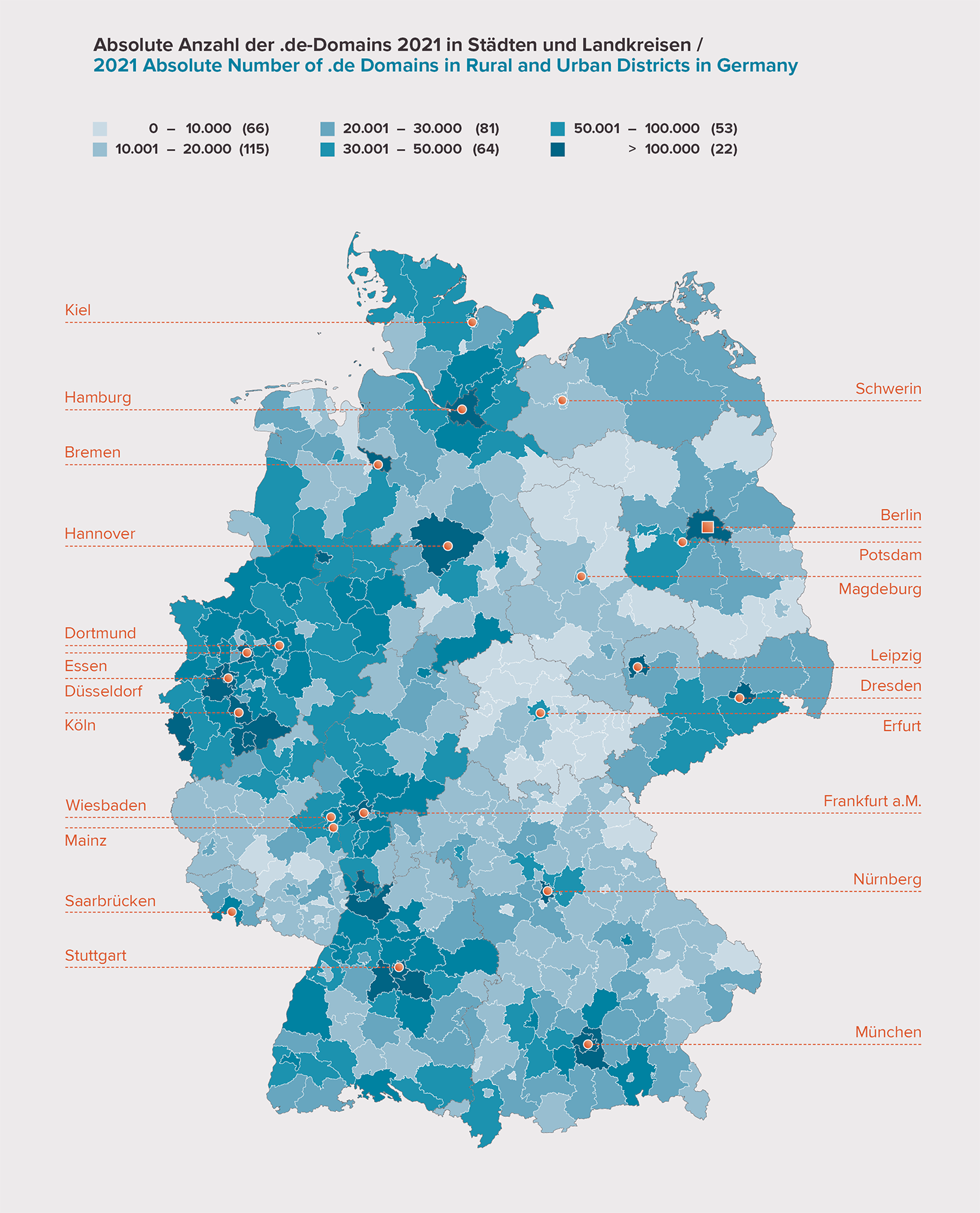 Absolute Number of .de Domains in Cities and Districts in Germany 2021